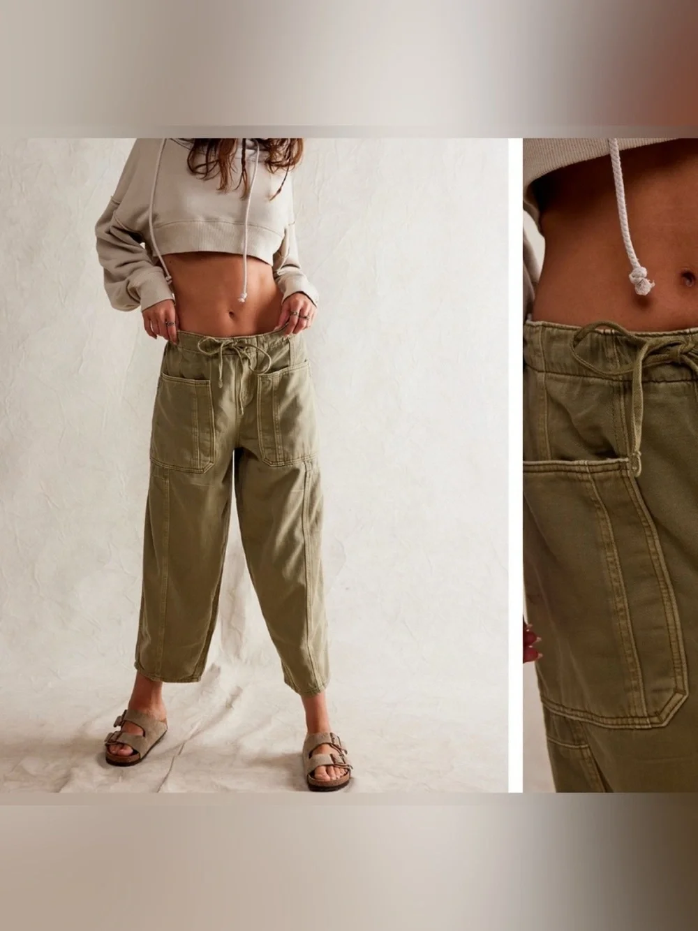 NWOT Free People We The Free Silverton Pull-On Barrel Jeans - aloe green tan XS